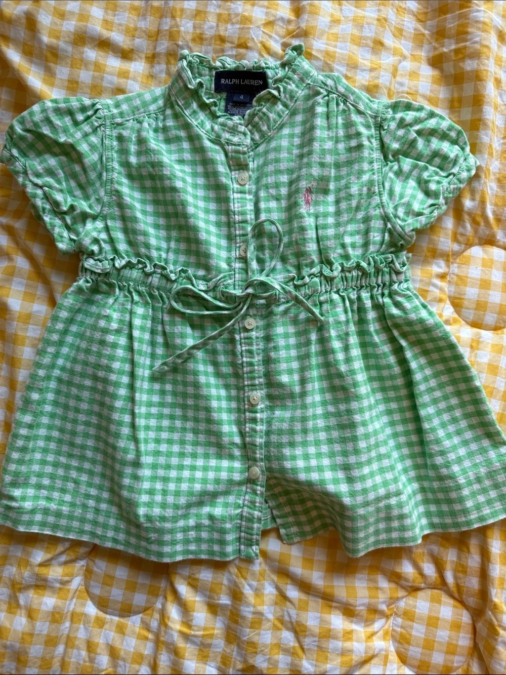 Ralph Lauren Green Gingham Button-Front Girls Top with Tie Waist